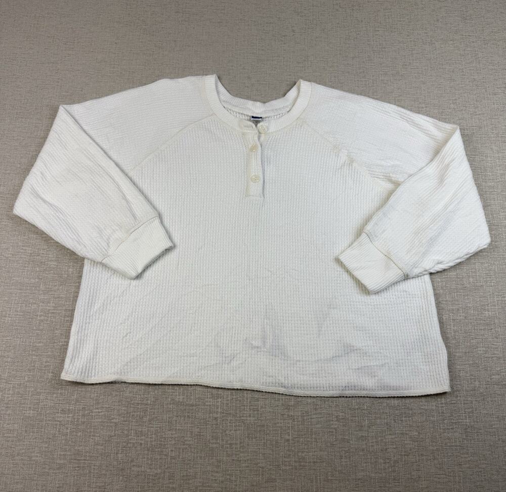 Old Navy Women’s XXL White Waffle Knit Henley Pullover Sweatshirt Pocket